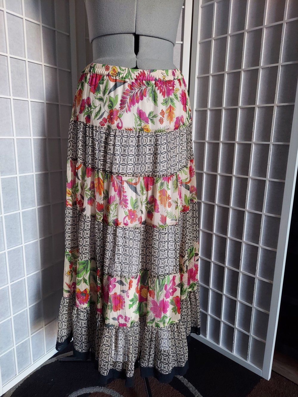 Coldwater Creek Vintage Floral Tiered Maxi Skirt in Pink, Green and Black